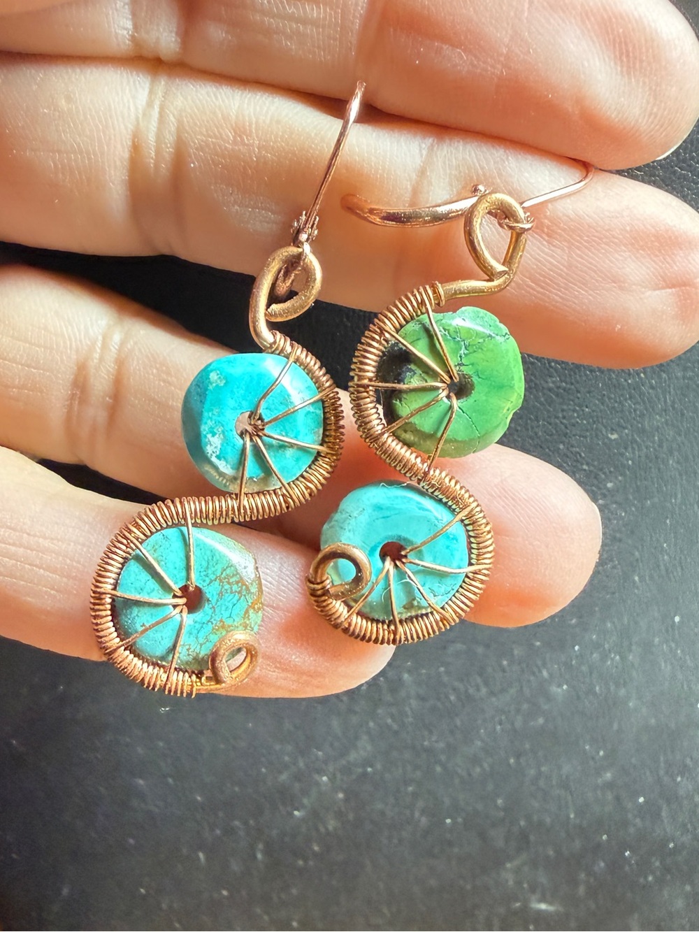 Artisan Made Turquoise Double-Disc Wire-Wrapped Drop Earrings - Picture 2 of 5